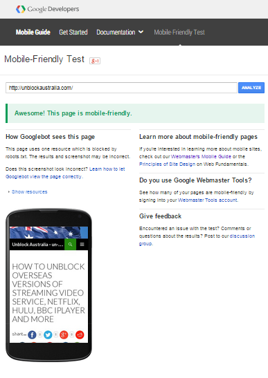 Google's mobile-friendly check results